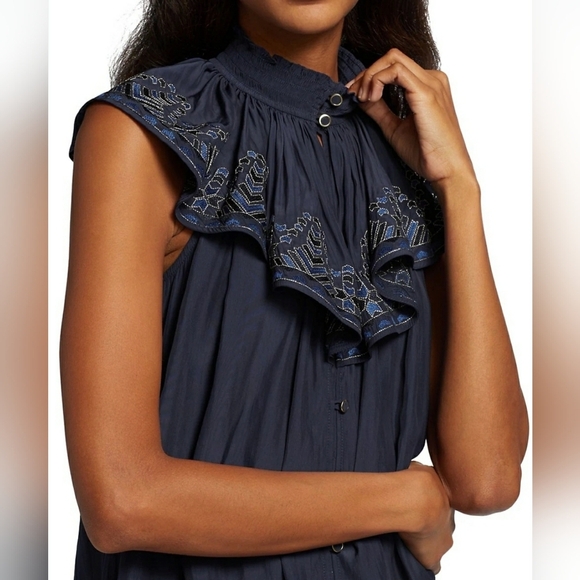 Rsmy Brook Abbe Embroidered Ruffled Blouse Navy Large NWT - Picture 1 of 5